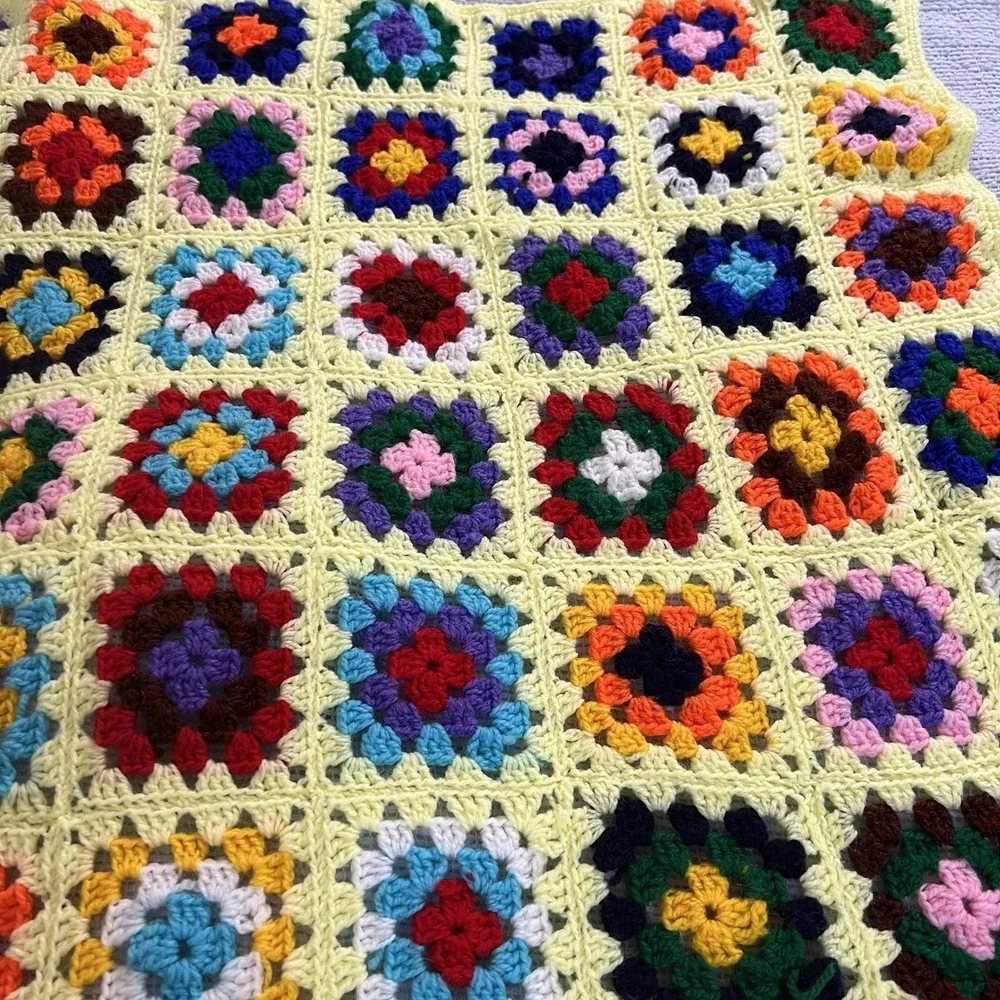Vintage Handmade Crochet Granny‎ Square Blanket Yellow Boho Throw Afghan